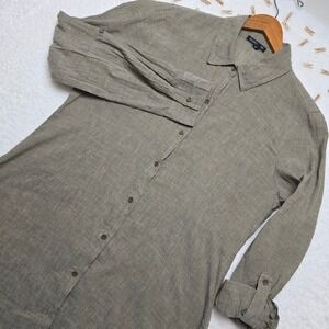 Eileen Fisher Womens Tunic Top Cotton Linen Blend‎ Olive Green Button Down